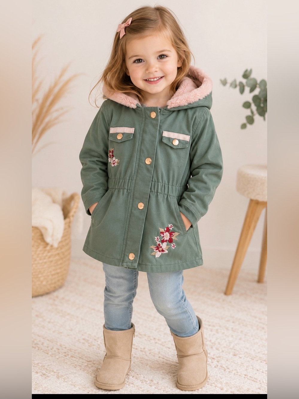 Little Lass 🌸 Embroidered Hooded Utility Jacket 24M Sage Green Pink Faux Fur